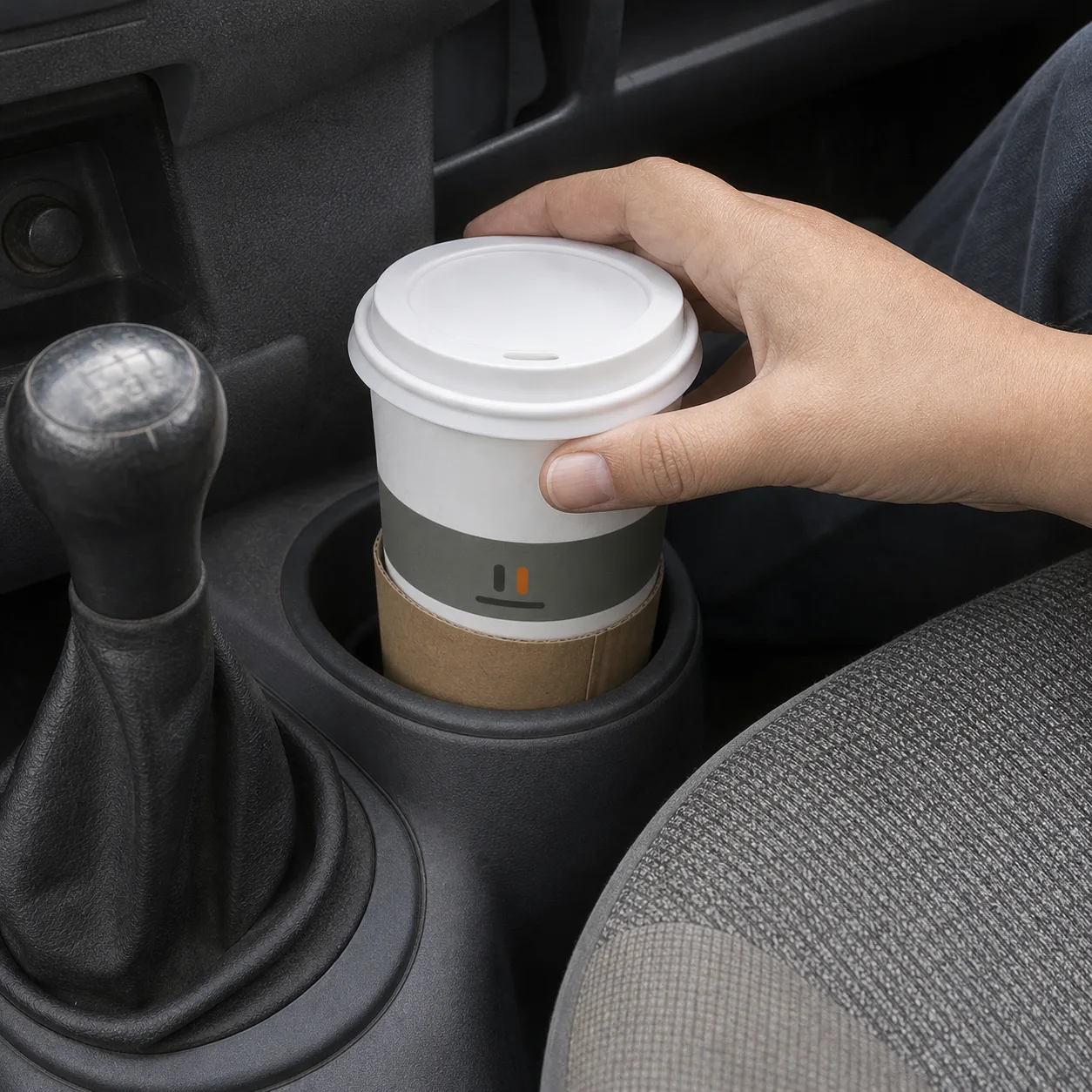 A hand lowering a white paper coffee cup with a grey-green band into a car cup holder, lid clipped down and a sleeve on