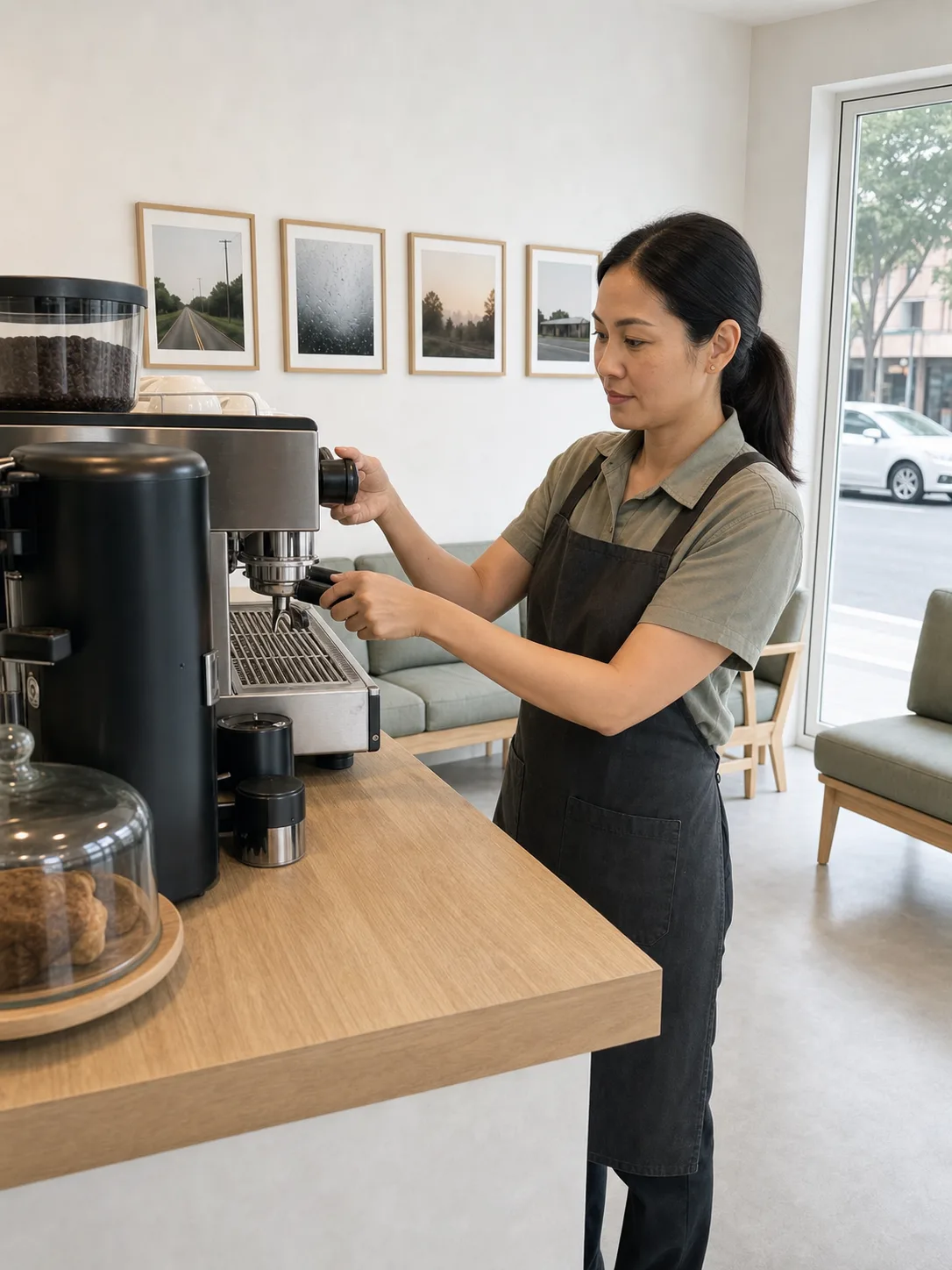 Prae alone behind the light wood counter, both hands at the portafilter of the espresso machine, the four framed road photographs on the wall behind her and the glass shopfront onto the road beyond