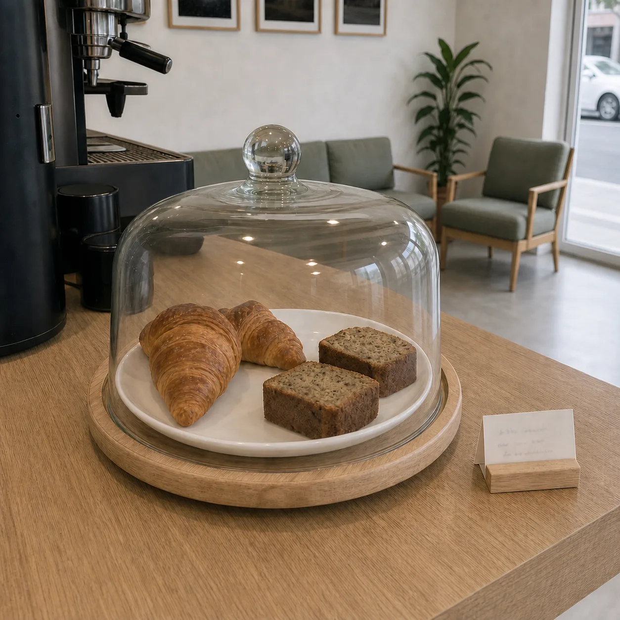 A small glass dome on the counter with two croissants and two slices of banana cake left in it