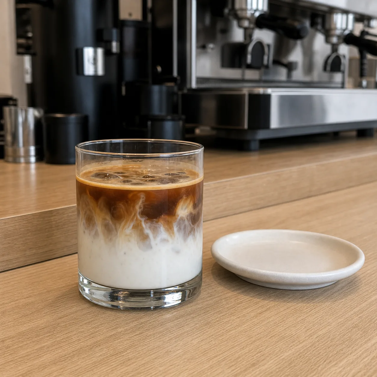 A clear glass of cold milk with an espresso shot just poured through it, standing on the light wood counter beside the machine