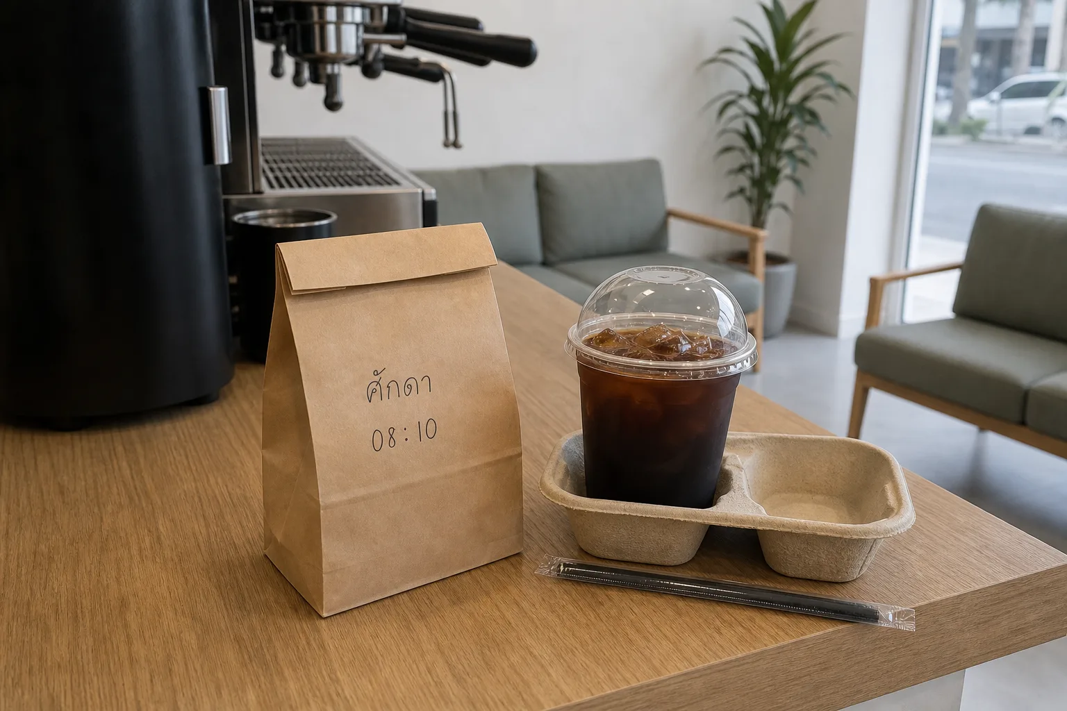 The end of the light wood counter with one paper bag marked in ballpoint — ศักดา, 08:10 — beside an iced coffee with a domed lid sitting in a two-cup pulp carrier, and a straw still in its wrapper