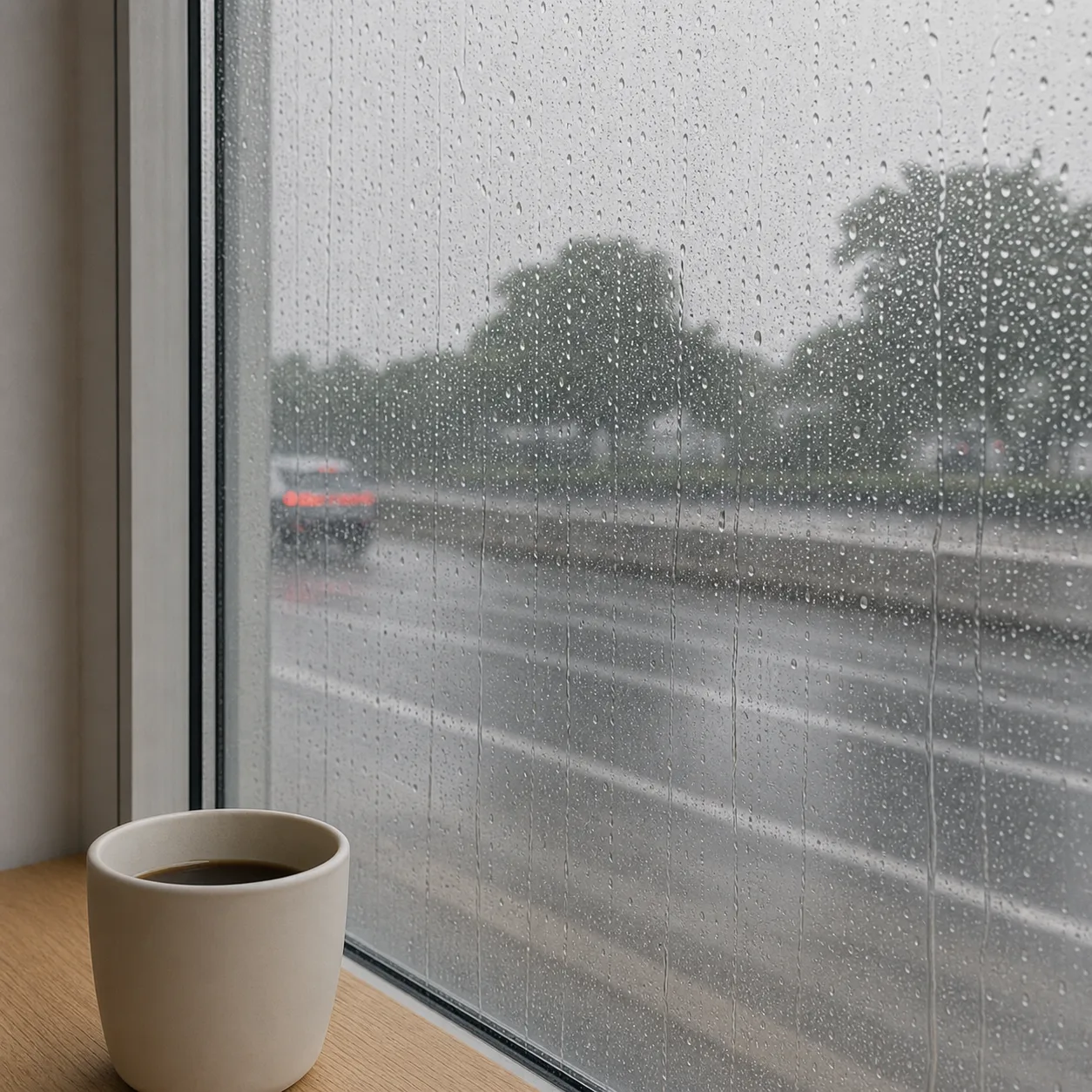 Rain beading on the inside of the shop window with the blurred tail lights of traffic beyond, and a plain off-white ceramic cup on the light wood ledge